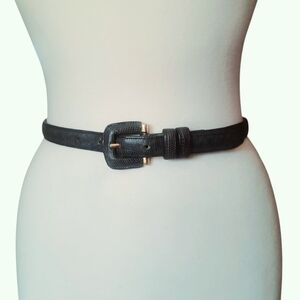 Vintage JOAN HELPERN Dk Green Lizard Embossed Leather Belt w/Covered Buckle M